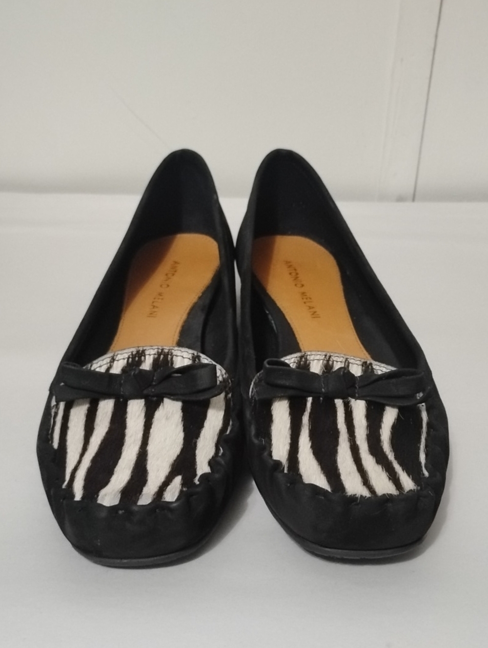 ANTONIO MELANI Black and White Zebra-Print Moccasin Flats